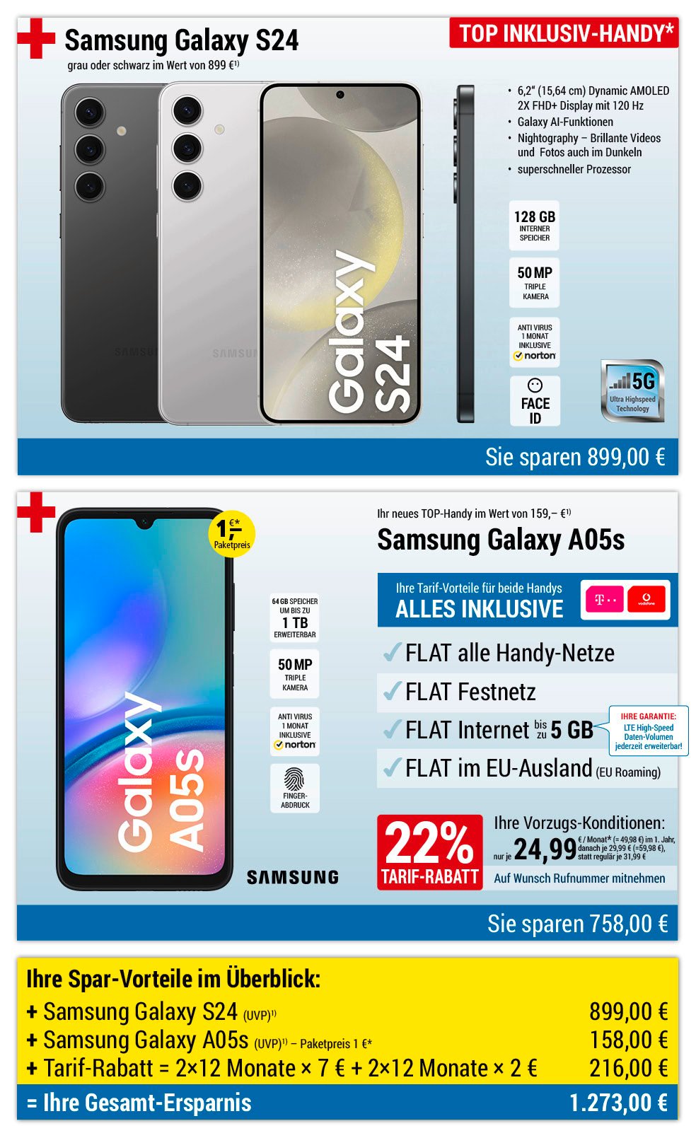 Für nur 1 €*: Samsung Galaxy S24 + Samsung Galaxy A05s + Handyverträge mit ALL NET FLAT für je 24,99 €/Monat im 1. Jahr